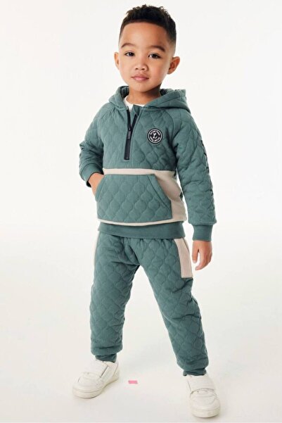 anonim Boy's Cotton Quilted Hooded Tracksuit Set - Green Beige Color