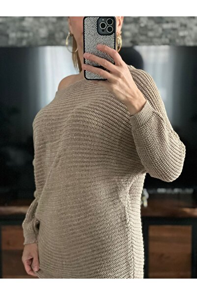 WellWay Boat Neck Glitter Fabric Thin Knit Sweater-Stone