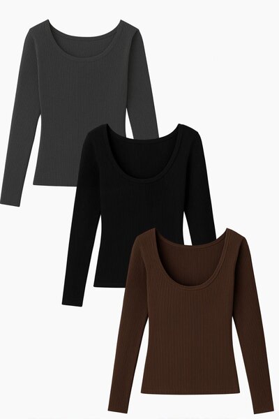 COTENCONCEPT 3 τεμάχια μπλούζα με μακρύ μανίκι και λαιμόκοψη με ραβδώσεις