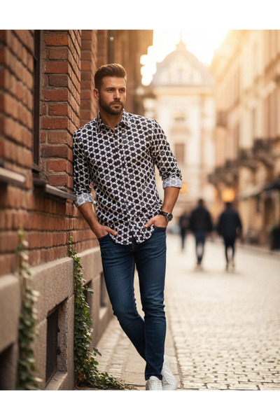 YusGos Long Sleeve Cotton Easy Iron Geometric Pattern Regular Fit Premium Men's Shirt