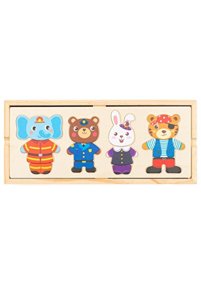OEM Wooden puzzle with 4 animals (elephant, bear, rabbit and tiger) - interchangeable pieces