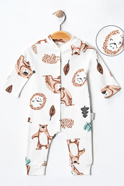 Noone Ribbed Cotton White Forest Animals Patterned (with Bear & Hedgehog Figures) Baby Romper – 3 Months