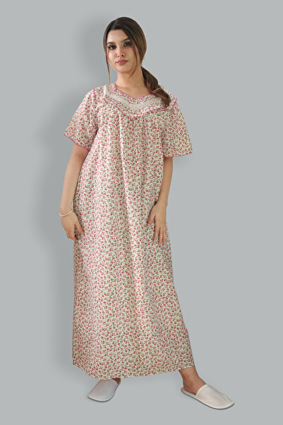 Comfort Over Everything Printed Cotton Pink Nighty - Lace Neck