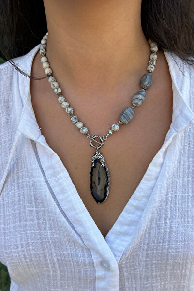 Suerte Accessories Havlit Doğal Taş Botswana Akik Doğaltaş Detaylı Dumanlı Ku...