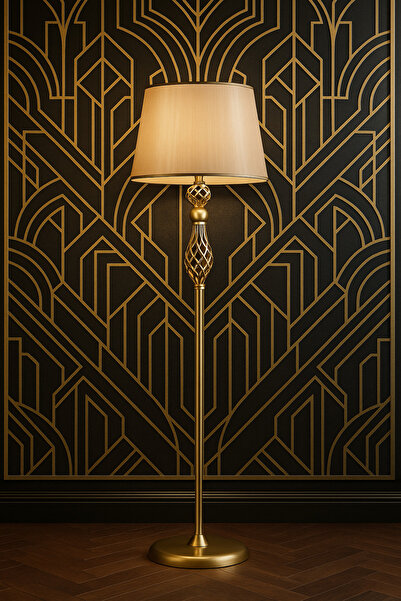 Vinner Plus Şelale Eskitme Mat Gold Vizon Şapkalı Metal Lambader – Dekoratif Ev Salon Aydınlatması