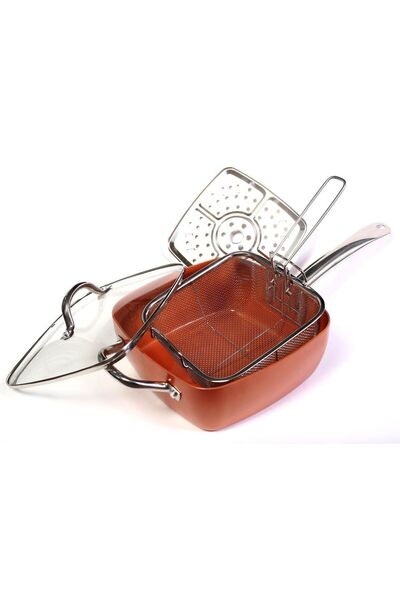 MANDU Multifunctional square pan with lid, stainless steel handles and frying sieve 5 pieces