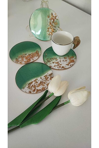 demet art studio Epoxy Green Colored Gold Foil Coated Set of 4 Coasters