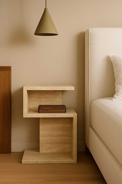 Woody Home Traverten Desenli Komodin, Yan Sehpa, Çok Amaçlı Dekoratif Sehpa, İskandinav, Bohem, 65x60