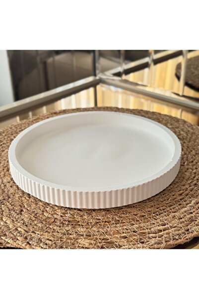 MYELFA Dekoratif Beton Yuvarlak Sunumluk / Tepsi / Takı Tabağı Beyaz