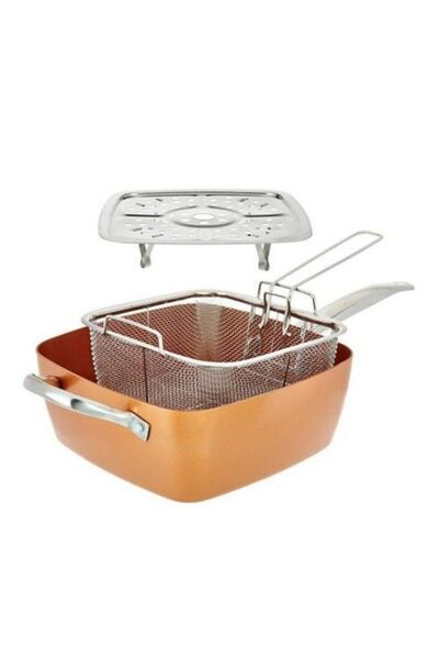 MANDU Multifunctional square pan with lid, stainless steel handles and frying sieve 5 pieces