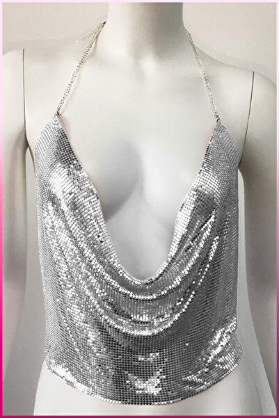 Veille Κρυστάλλινο ασημί πέτρινο λαμπερό κορμάκι & μπλούζα χωρίς μανίκια με λαιμόκοψη για πάρτι στην παραλία