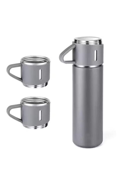 BASE Stainless steel thermos set with 3 cups 500ml insulated glass for hot and cold drinks GREY