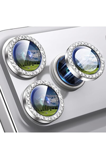 USIDE iPhone 17 Pro Max & iPhone 17 Pro Compatible Gemstone Camera Lens Protector Diamond Stone Silver