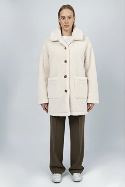 Betimoda Women's Plush Buttoned Pocket Teddy Shirt Collar Warm Soft Winter Coat White