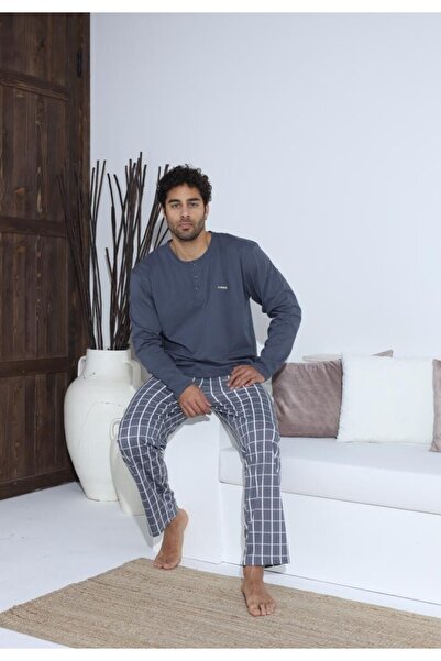 TOSKI Men's Pajamas, Long Sleeves and Pants, Gray with White Color