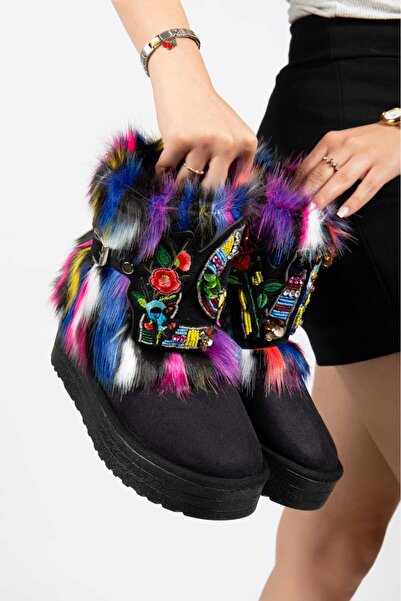 OLA Black Suede Inside and Out Fur Detailed Love Thick Sole Women's Winter Boots