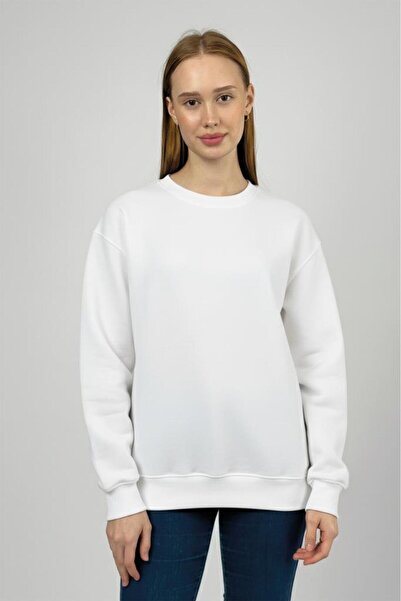 Betimoda Women's Basic Cotton Fleece-Lined Crew Neck Sweatshirt White