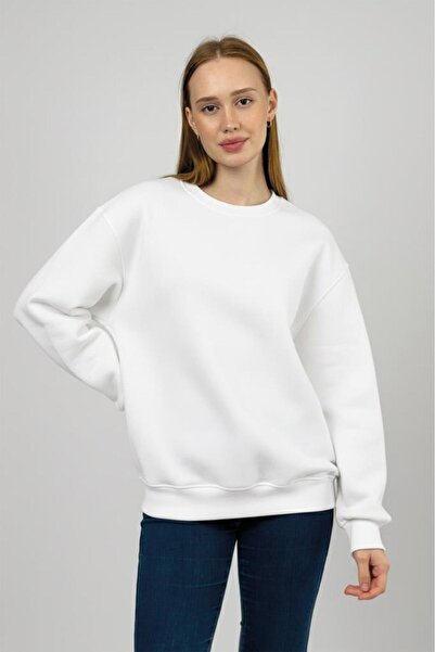 Betimoda Women's Basic Cotton Fleece-Lined Crew Neck Sweatshirt White