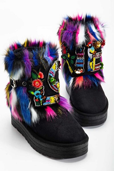 OLA Black Suede Inside and Out Fur Detailed Love Thick Sole Women's Winter Boots