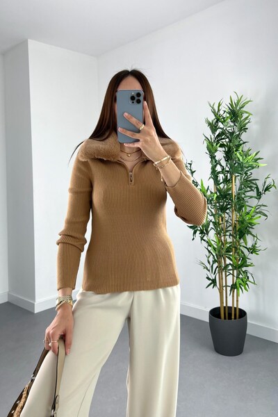 Lady Pixie Brown Collar Fur Detailed Zipper Detailed Knitwear Sweater