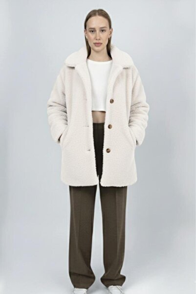 Betimoda Women's Plush Buttoned Pocket Teddy Shirt Collar Warm Soft Winter Coat White