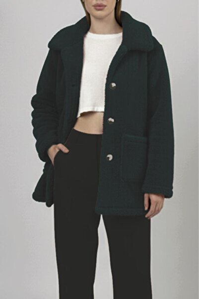 Betimoda Women's Plush Buttoned Pocketed Teddy Shirt Collar Warm Soft Winter Coat Navy Blue