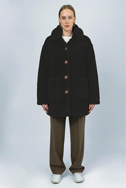 Betimoda Women's Plush Buttoned Pocket Teddy Shirt Collar Warm Soft Winter Coat Black