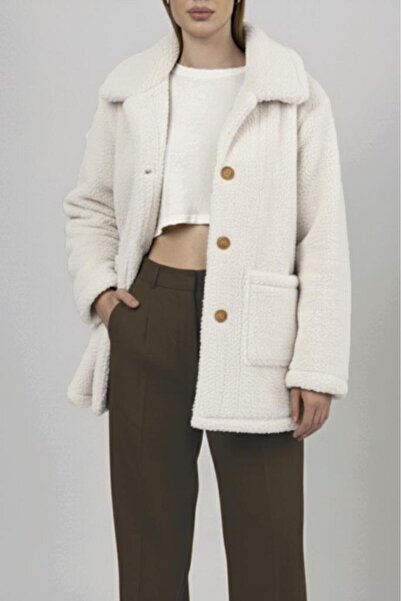 Betimoda Women's Plush Buttoned Pocket Teddy Shirt Collar Warm Soft Winter Coat White