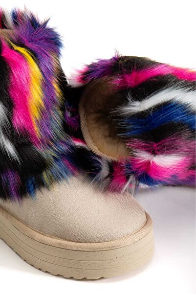 OLA Beige Suede Inside and Outside Fur Thick Sole Women's Winter Boots