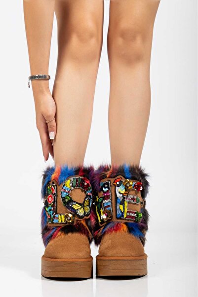 OLA Tan Suede Inside and Out Fur Lined Love Detailed Thick Sole Women's Winter Boots