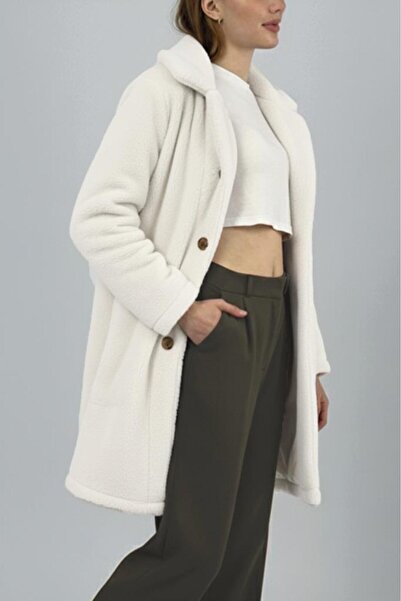 Betimoda Women's Plush Buttoned Pocket Teddy Shirt Collar Warm Soft Winter Coat White