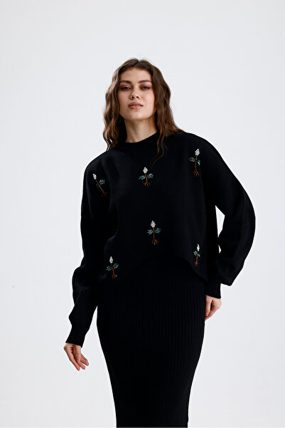 markazzi Set de tricotaje pentru femei, negru, cu detaliu de mărgele, pulover bolero, rochie cu bretele în partea de jos