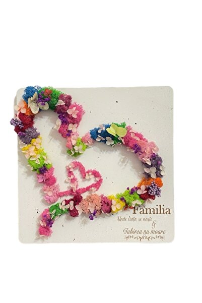 ALVAL Pictură decorativă rotundă cu licheni și flori stabilizate, gravură „FAMILIE”, 30x30 cm