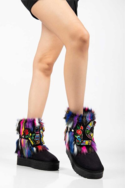 OLA Black Suede Inside and Out Fur Detailed Love Thick Sole Women's Winter Boots