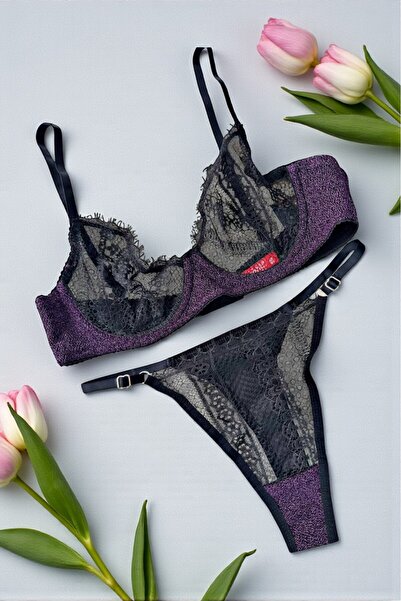 BUELLNA Mor Şık ve Zarif Tasarım Danteli Kadın Bralet & Tanga İç Çamaşırı Takımı