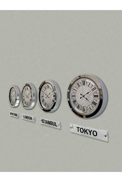 Kasva Concept 36 cm Chrome Metal White Dial 4 Piece Set Hotel World Clock wit...
