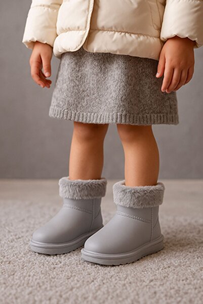 pediashoes Girls' Extra Lightweight, Flexible and Soft Gray Color Rain Boots with Fur Inside