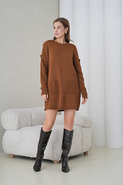 MAMAYAGA Women's Long Sleeves Self Textured Crew Neck Tunic Oversized Stylish Winter Knitwear Sweater Dress with Pockets