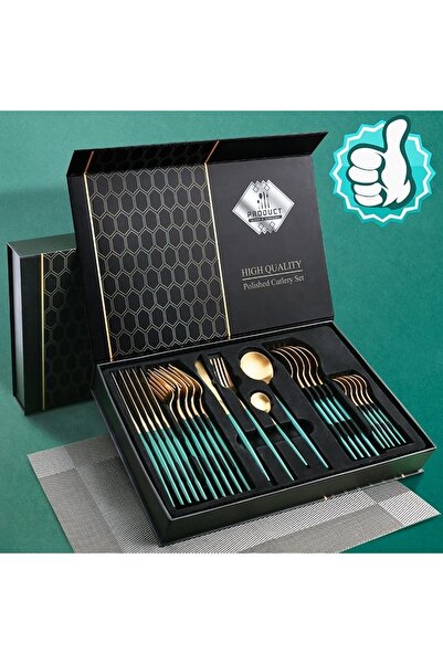 BASHAR 24-piece Portuguese style cutlery set - green and gold color