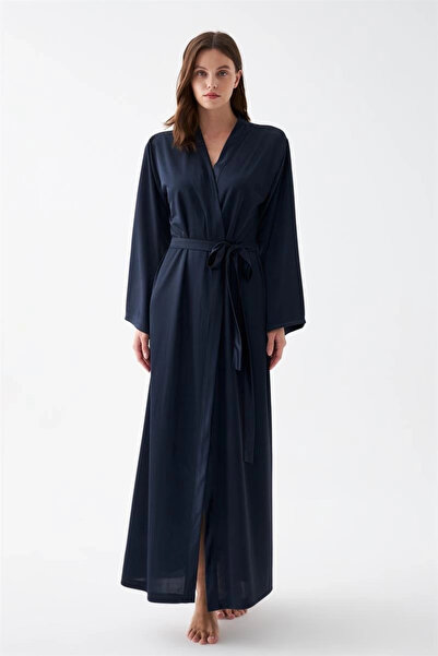 ALFA AKSESUAR 03 Clothing Women's Long Navy Blue Satin Dressing Gown