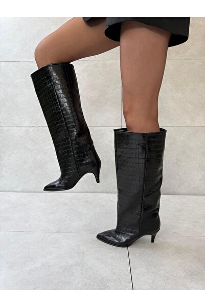 Elvinin Tarzı Jules Siyah Croco XL Kesim İnce Topuklu Çizme
