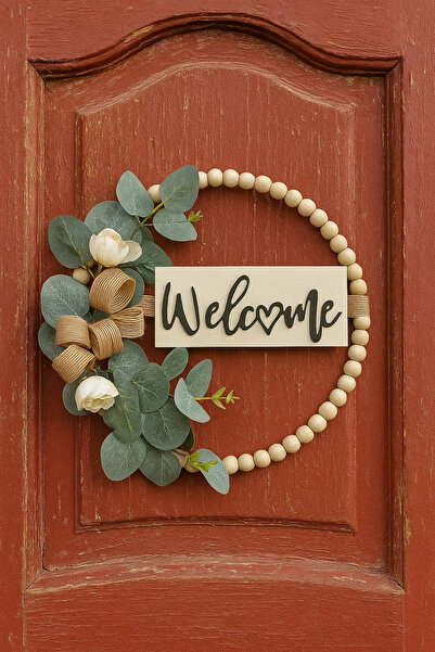 Marrone Welcome Yazılı Okaliptus Kapı Süsü