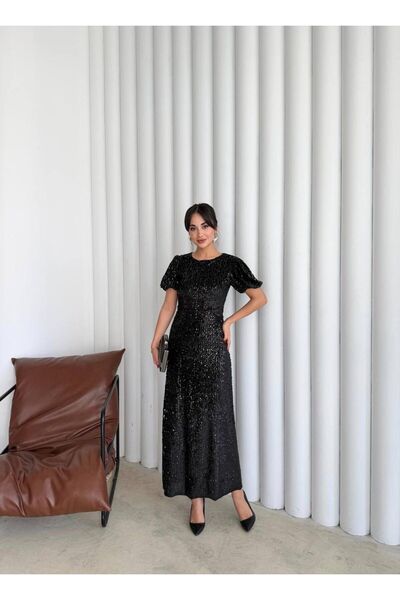 mafdress Kadın Balon Kol Siyah Pul Payet Abiye Elbise
