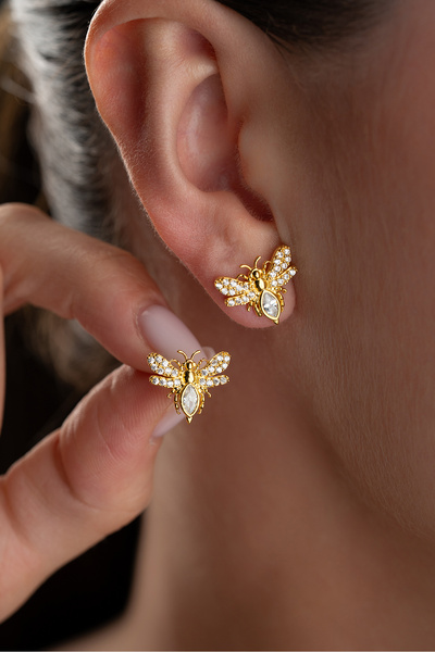 Silvano Jewelry 925 Ayar Gümüş Altın Kaplama Arı Küpe