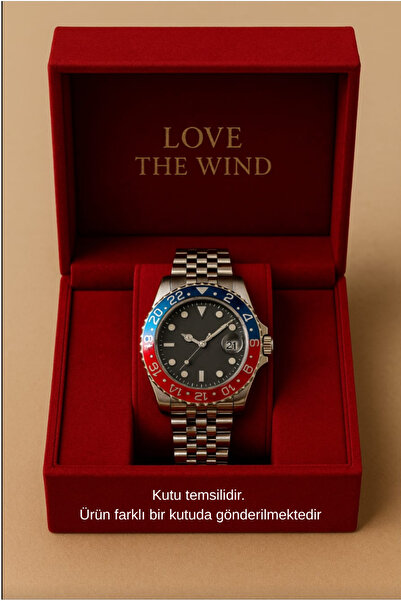 Love The Wind Sports Men's Wristwatch with Calendar - Silver Band & Blue Red