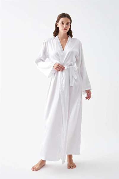 ALFA AKSESUAR 03 Clothing Women's Long White Satin Dressing Gown