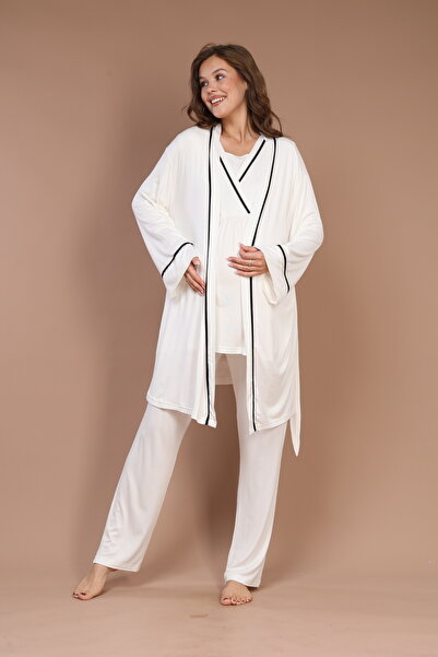 HAFSARA %100 Pamuklu Uzun Kollu Sabahlıklı Biyeli Lohusa Pijama Takımı
