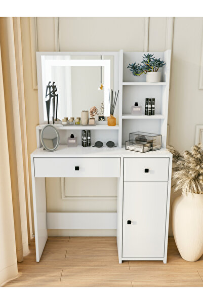 MONTENERO Makyaj Masası Beyaz Takı Aksesuar Düzenleyici Çekmeceli Raflı Aynal...