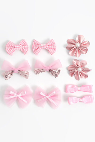 Soar Kids Aksesuar 9'lu Pembe Çiçekli Pullu Fiyonk Saç Tokası Seti Klipsli Be...