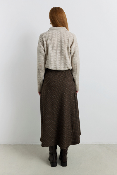 Babushka Dark Brown Plaid Midi Skirt